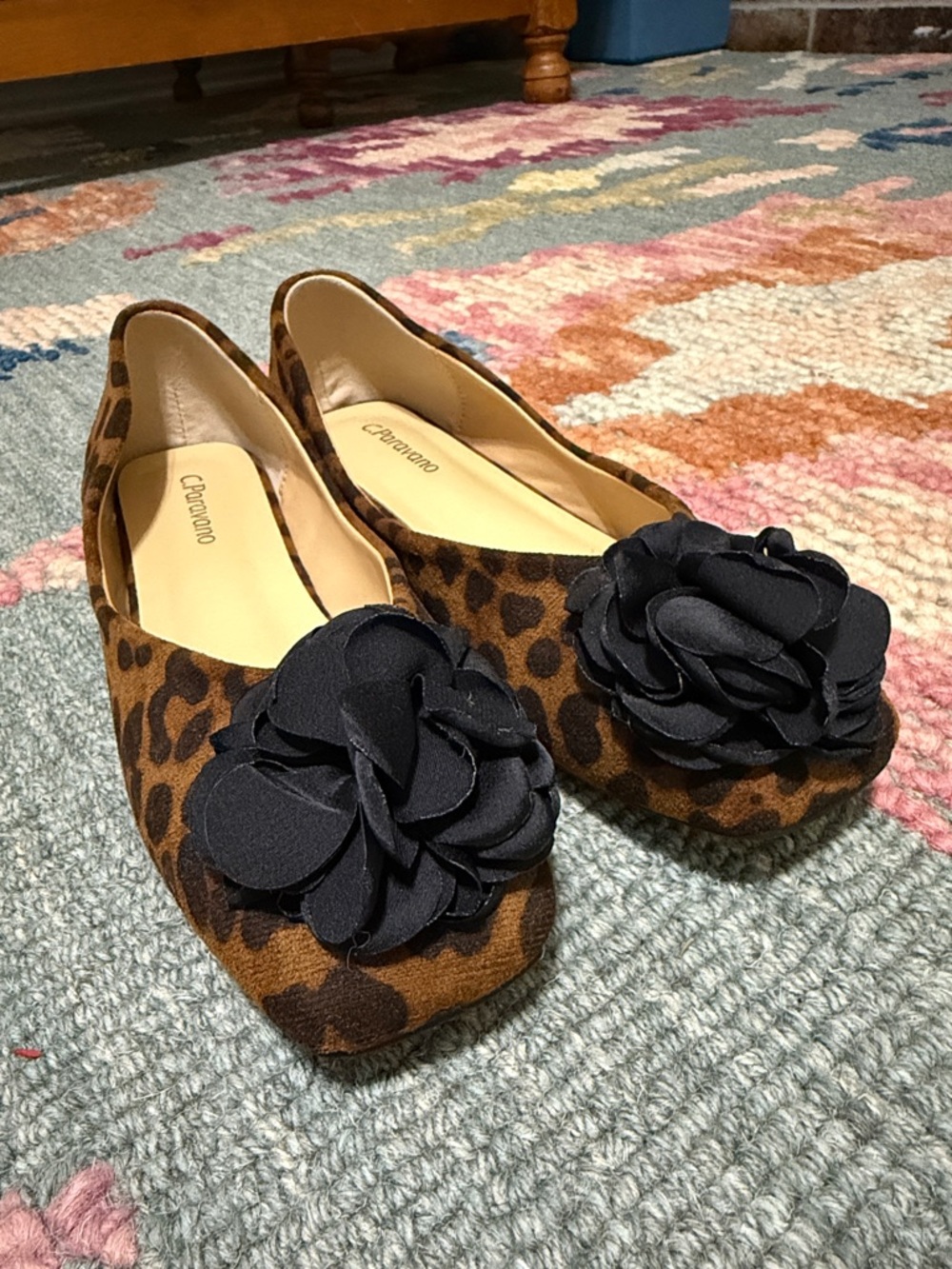C. Paravano Leopard Print Women's Ballet Flats with Black Flower Accent